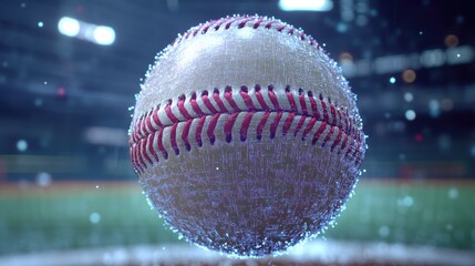 A detailed close up of a baseball with small blue lights on it in a stadium