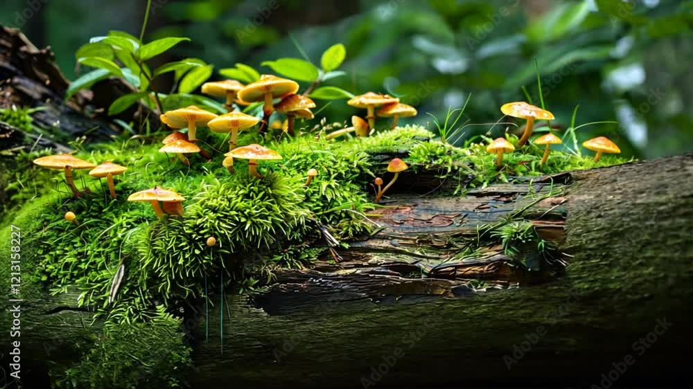 Poster vibrant mushrooms on moss covered log in lush forest serene ecosystem showcasing natures growth and 