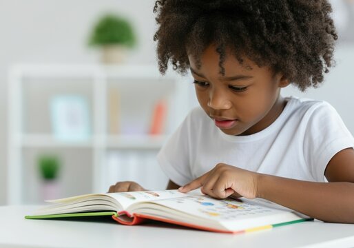 Young girl pointing her finger at a picture book while learning at home