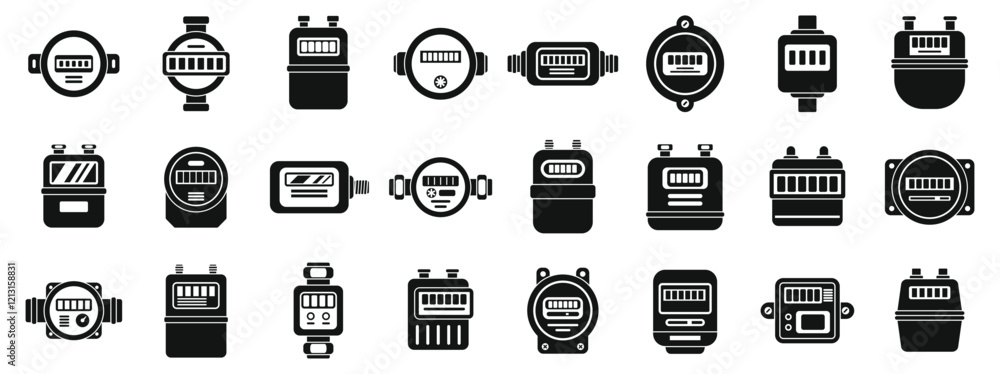 Poster household meters icons set. different types of gas meters are displayed, indicating gas usage and fa