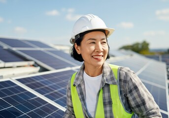Asian female engineer wearing safety vest and helmet smiling and inspecting solar panels installation