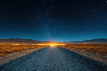 Fototapeta premium long exposure photograph capturing a deserted desert road at night car headlights illuminate the path against a starry night sky evoking feelings of adventure and solitude in the vast wilderness