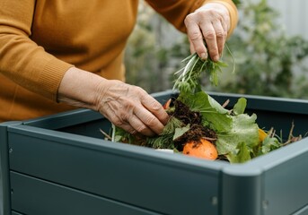 Gardener composting organic food waste in a backyard composter, promoting sustainable living and reducing environmental impact