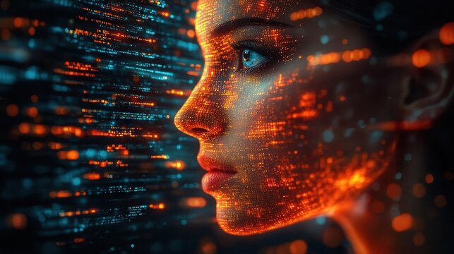 surreal digital artwork showing hybrid humanai artist creating holographic masterpiece binary code merging with traditional paint strokes