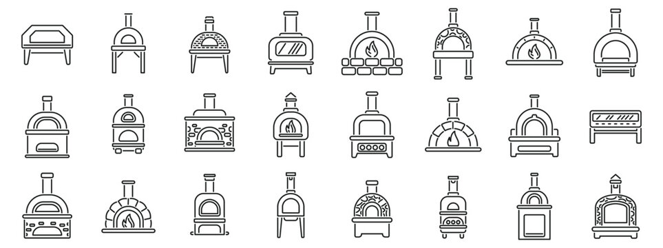 Pizza oven icons set. Collection of pizza oven icons representing various models and designs, ideal for projects related to cooking, baking, and pizzeria equipment