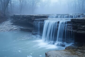 long exposure photograph of a majestic waterfall with soft flowing water cascading over rocks creating a serene and calming effect amidst the natural landscape