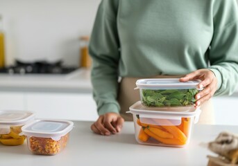 Housewife storing fresh vegetables in airtight containers, ensuring food preservation and reducing waste in a modern kitchen