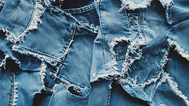 Denim fabric pieces arranged creatively on a flat surface showcasing various textures and styles