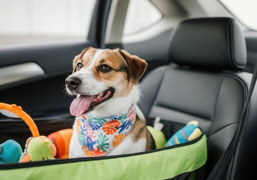 Small dog wearing bandana sitting in car seat with toys, enjoying a road trip