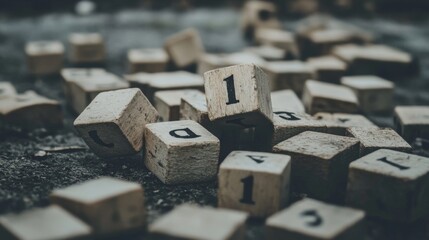 Scattered wooden blocks with numbers and letters on a dark surface.