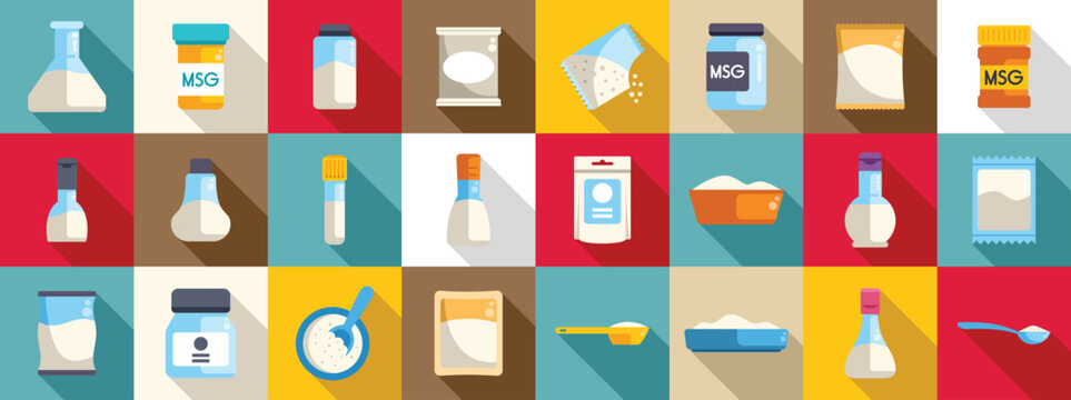 Glutamate icons set. Collection of msg icons showcasing various forms of monosodium glutamate, including crystals, powder, and packaging