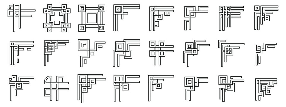 Chinese corner icons set. Set of twenty decorative corner elements with geometric shapes, offering various options for design projects