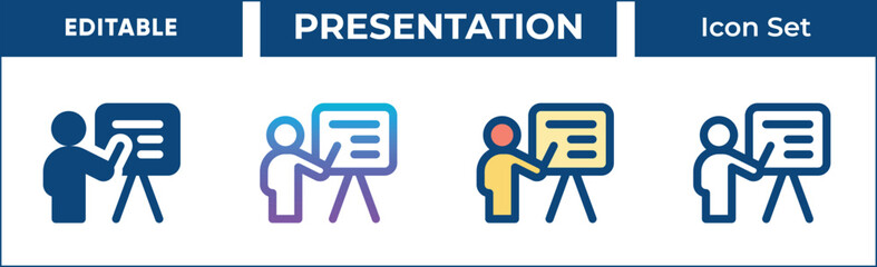 Presentation Icon Set. Editable Vector Icons for presentation, speech, lecture, seminar, workshop, training, and more. Includes line, gradient, filled, and outline styles.