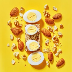 A vibrant depiction of a high-protein snack, featuring boiled eggs, nuts