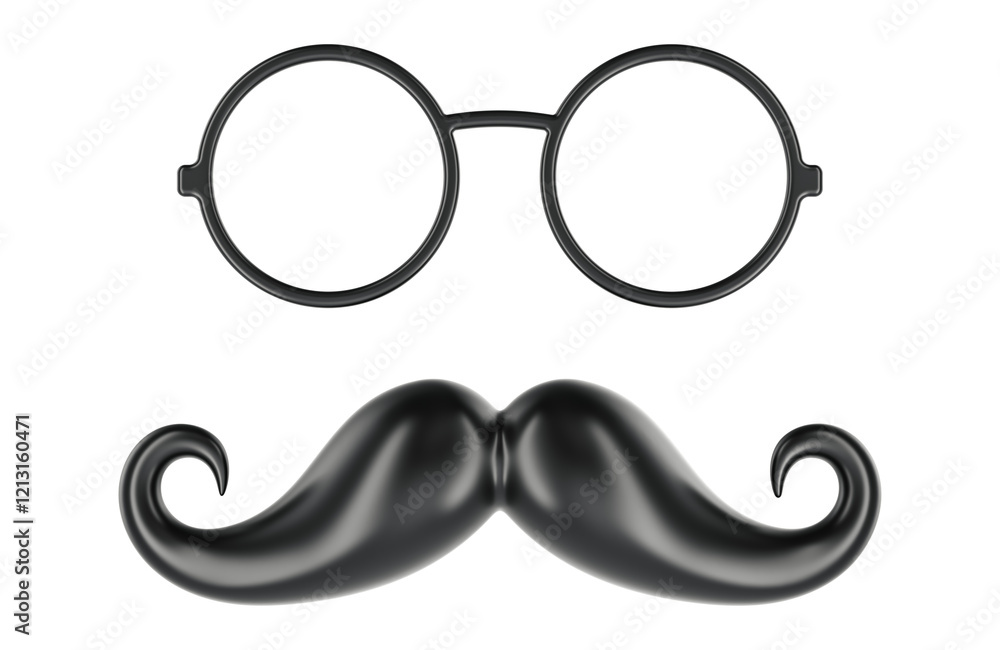 Poster Black mustache and circular glasses. 3D rendering isolated on transparent background
