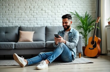 Smiling Asian man uses smartphone in living room. Man sits on couch floor. Modern interior with gray sofa and guitar. Casual attire. Relaxed and happy. Everyday lifestyle photo.