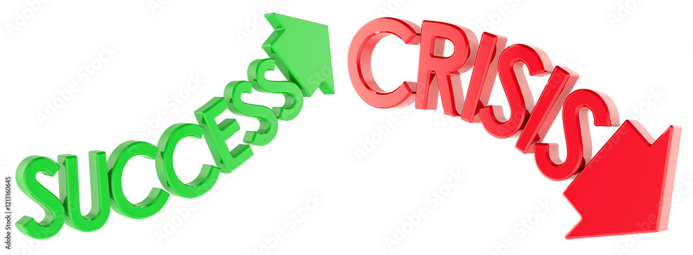 Poster crisis, down red arrow and success, growth up green arrow. 3d rendering isolated on transparent back