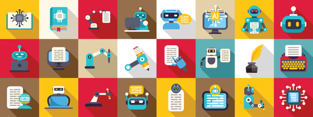 Robot-writer icons set. Icons showing robots and software writing and creating texts, representing artificial intelligence taking over creative tasks