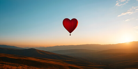 A heart-shaped balloon in the sky, floating above a beautiful landscape, in sunny weather. A romantic date in a hot air balloon. Concept romance date.