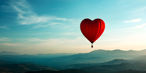 Fototapeta premium A heart-shaped balloon in the sky, floating above a beautiful landscape, in sunny weather. A romantic date in a hot air balloon. Concept romance date.