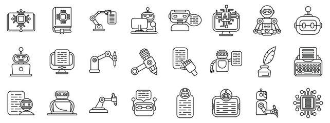 Robot-writer icons set. Explore the future of content creation with robots and ai writing software using robotic arms, pens, and typewriters