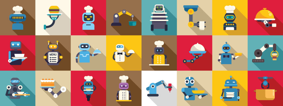 Robot restaurant icons set. Robot chefs and waiters serving food and drinks, automating restaurant operations