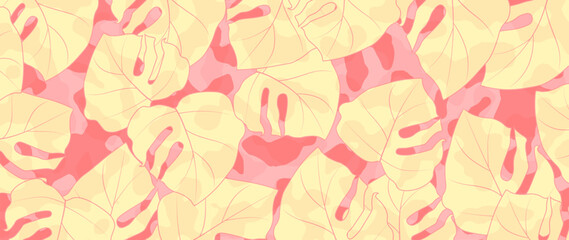 Bright tropical vector background. Yellow monstera leaves with texture and shadows. Pink tropical background for print, decor, fabric.