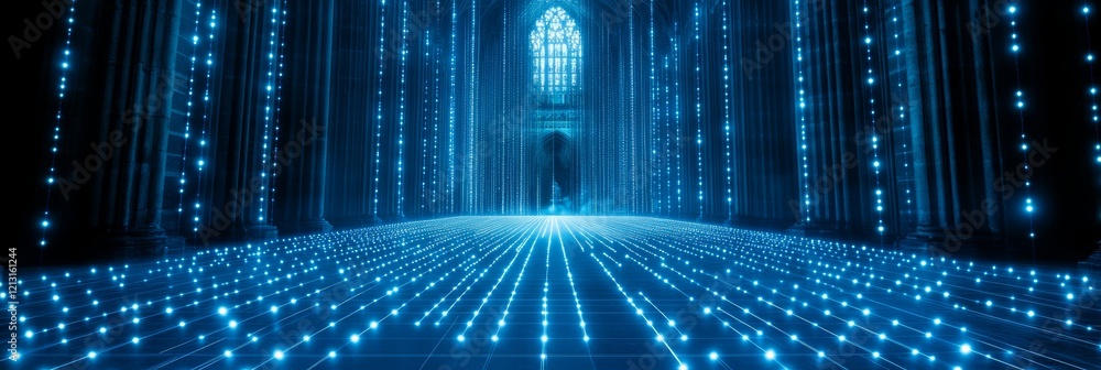 Poster gothic cathedral architecture outlined in blue points, digital network style with perspective