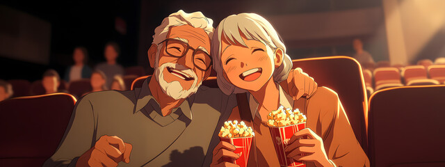 Elderly couple on a date in a movie theater. Romantic date of elderly couple on Valentine's Day. Concept Elderly couple on a date.