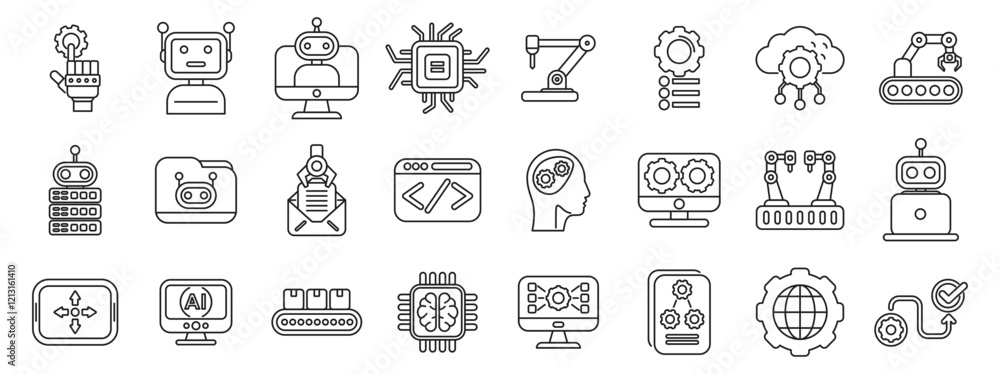 Poster rpa icons set. set of outline icons symbolizing robotics, ai, machine learning, automation, and tech