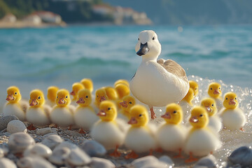 A mother duck and her fluffy ducklings enjoy a sunny day at the beach.