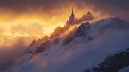 Dramatic sunrise sets clouds aflame with golden light above rugged snowy mountain peaks. Zenith Tower. Illustration