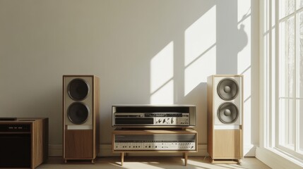 Sunlight streams into a room illuminating a vintage stereo system with large speakers and a console.