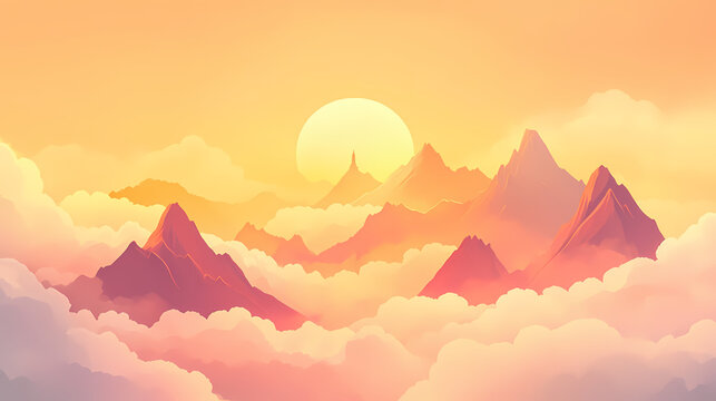 Golden sunlight bathes towering peaks amidst rolling clouds in a breathtaking mountainous dawn. Zenith Tower. Illustration