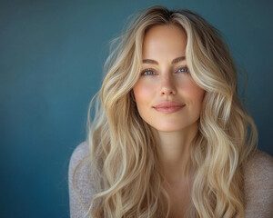 beautiful blonde woman age 42 long thick hair wavy on blue backdrop studio shot for skincare ad
