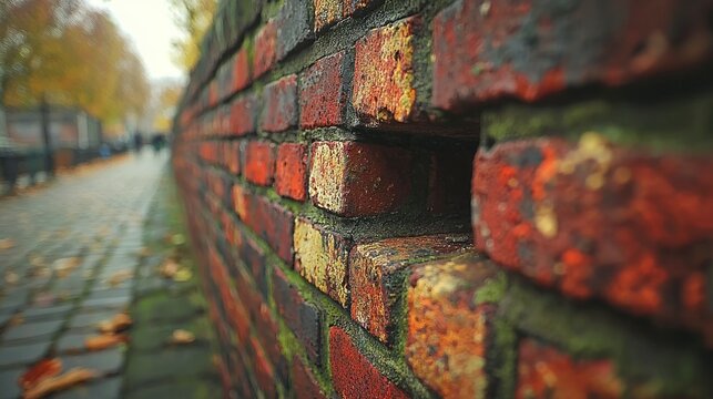 Old brick wall hole autumn canal city background