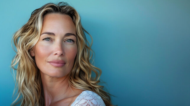 beautiful blonde woman age 42 long thick hair wavy on blue backdrop studio shot for skincare ad