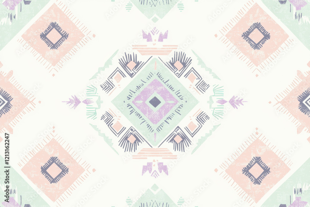 Poster soft aztec-inspired pattern featuring geometric shapes in pastel tones on a cream background for mod