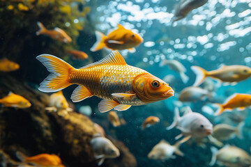 Naklejka premium Golden fish swimming in an aquarium, surrounded by other fish and aquatic plants.