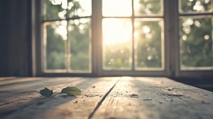 Sunlit rustic wooden table near window with leaves.