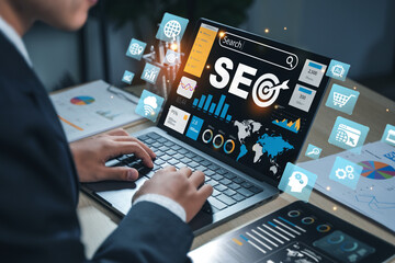 Businessman using computer to analyze SEO, search engine optimization, marketing, traffic ranking,...