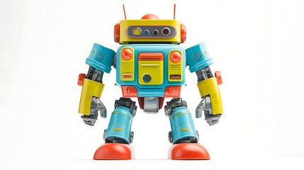 Fototapeta premium Old-school robot toy with bright colors and vintage features isolated on white background