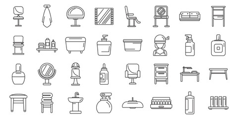 Beauty salon interior icons set. Line drawing representing beauty salon furniture, equipment, and products for professional hair and beauty treatments