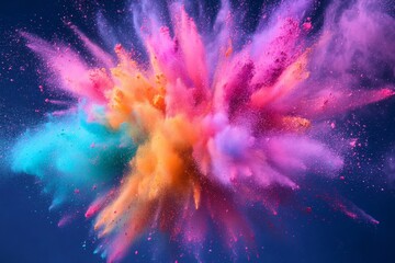 A dynamic explosion of colorful powder fills the air with vibrant hues. The motion creates an eye-catching spectacle, showcasing a blend of pink, blue, orange, and yellow tones