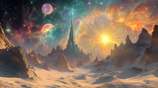 Vibrant cosmic landscape reveals towering mountains and radiant beams of light during a surreal celestial event at dusk. Zenith Tower. Illustration