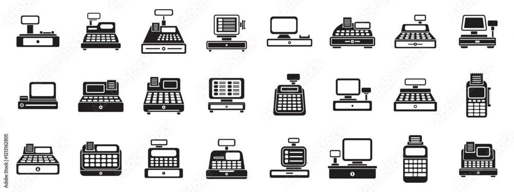 Poster cashier machine icons set. collection of cash register icons showcasing various pos systems for effi