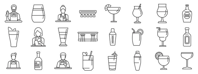 Bartender making cocktail icons set. Line icons representing various aspects of a bar, including bartenders, glassware, cocktails, and bar equipment