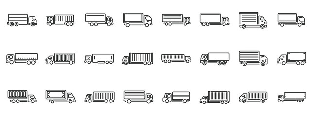 Truck semi-trailer icons set. Line art icons representing delivery trucks, ideal for transportation, logistics, and shipping concepts