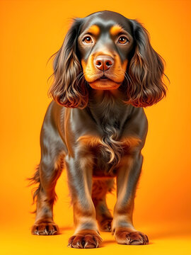 dogg portrait,a beautiful brown dog on a yellow background