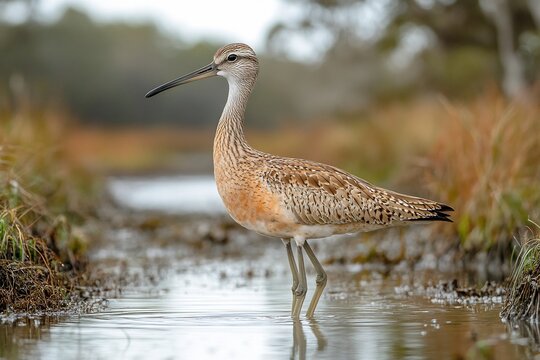 elegant artistic motion of a slender-billed curlew with slender legs, showcasing delicate features and vibrant colors in a seamless design that balances nature and innovation